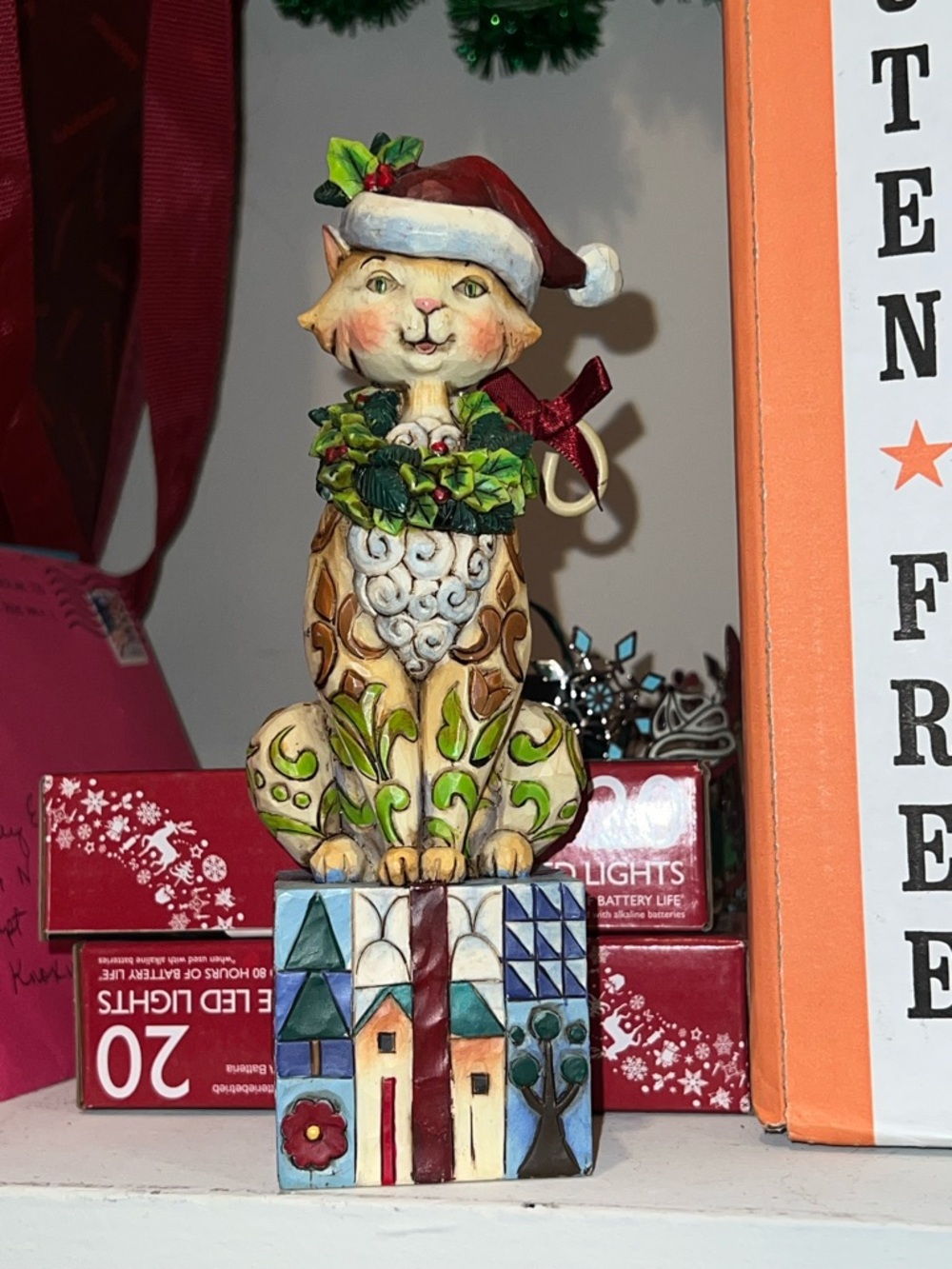 Jim Shore Festive Cat Figurine in Red, Green, Cream and Blue